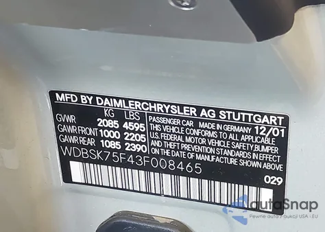 2003 Mercedes-Benz Sl 500 z USA, uszkodzony, nr VIN WDBSK75F43F008465